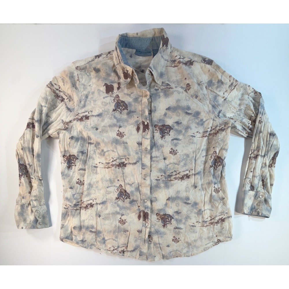Wrangler Blues Western Pearl Snap Shirt XL Mens Cowboy Rodeo Print Cotton Cream